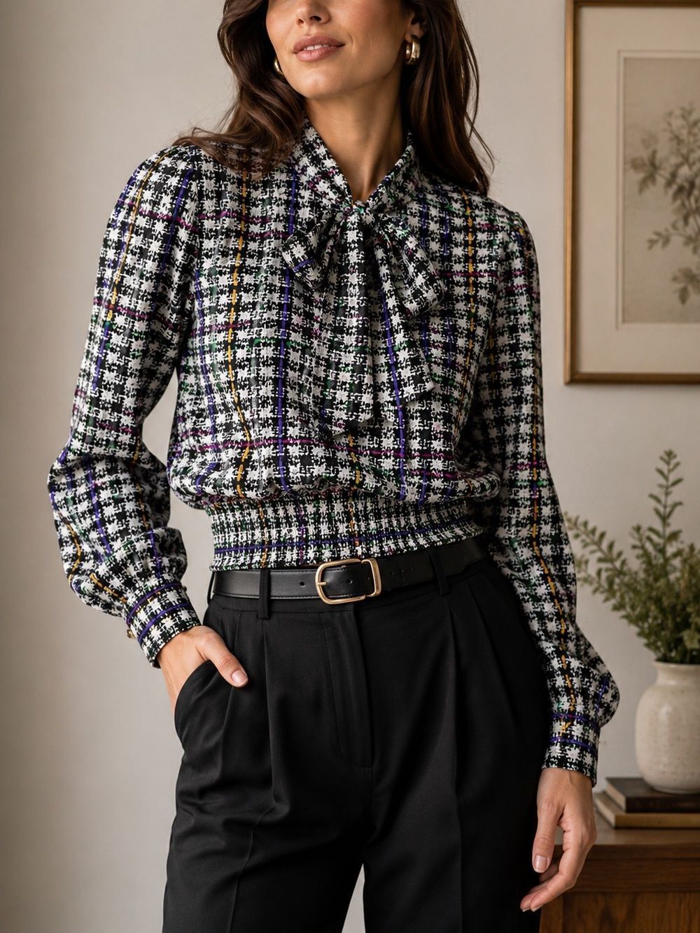 Vintage Andrea Gayle Plaid Bow Blouse Smocked Waist Secretary Top 12